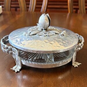 Vintage ca 1950-60’s Rodney Kent hammered aluminum covered divided glass dish
